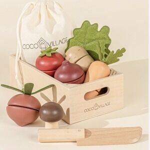 Coco Village Wooden Vegetable Set w/ Crate Wood Toy Pretend Play Kitchen Age 2+